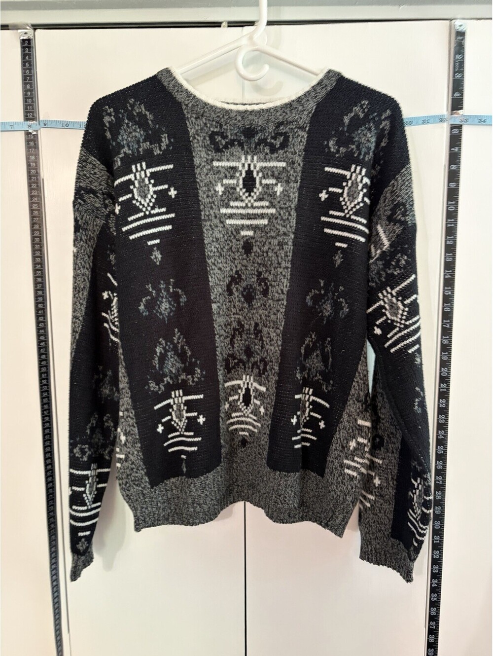 Vintage Michael Gerald Geometric Aztec Knit Sweater Men’s Large Black Gray